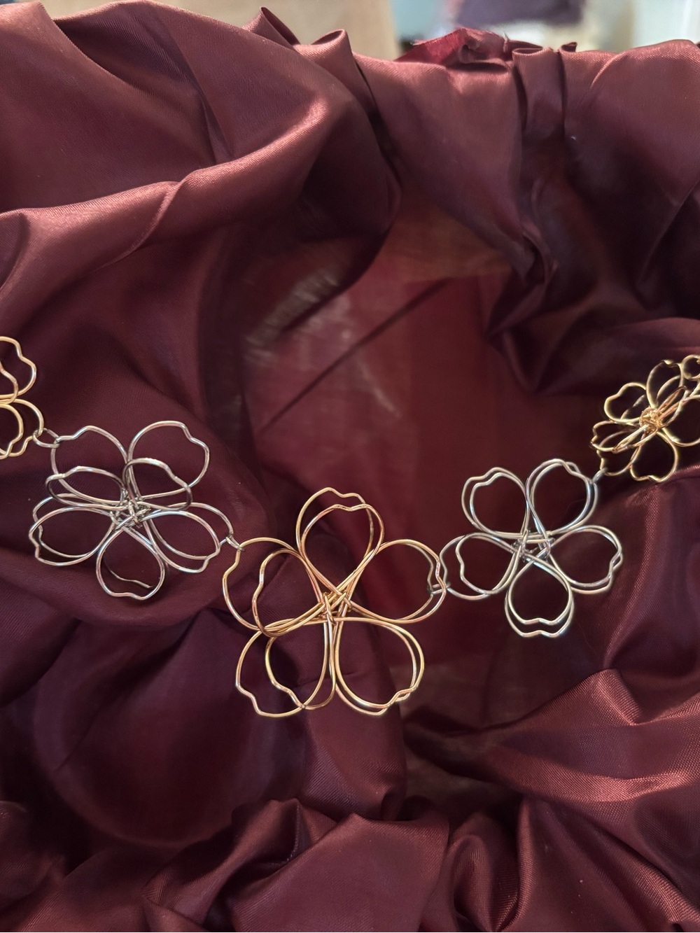Handcrafted Gold & Silver Flower Wire Necklace - Women Jewelry